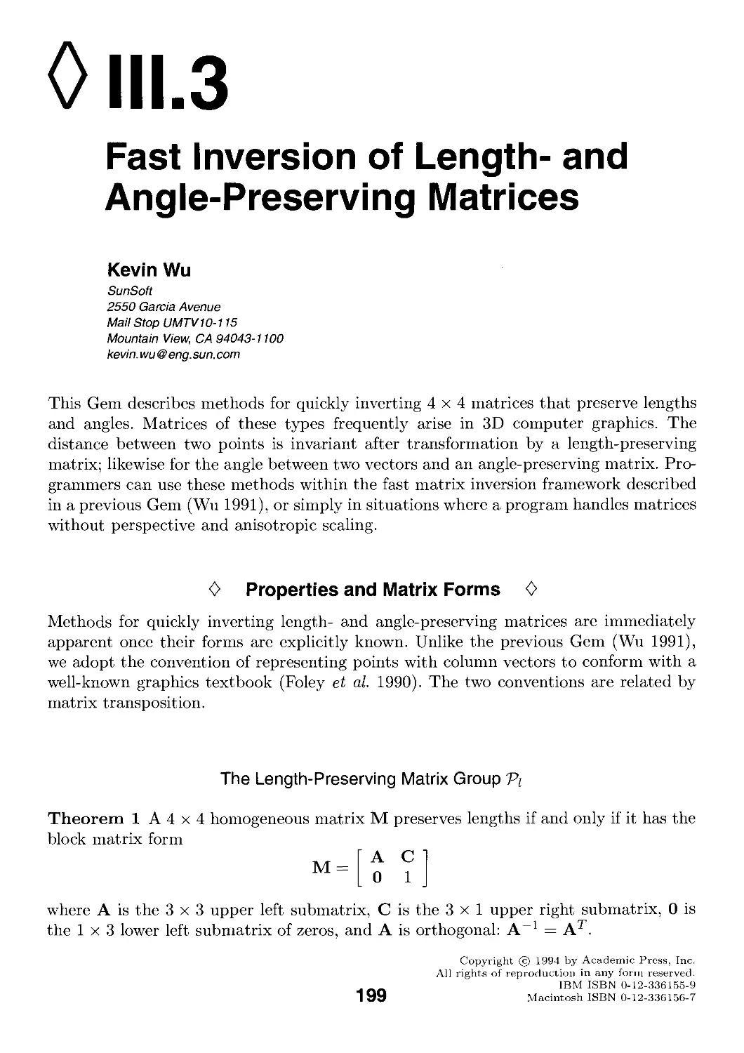 III.3. Fast Inversion of Length- and Angle-Preserving Matrices by Kevin Wu