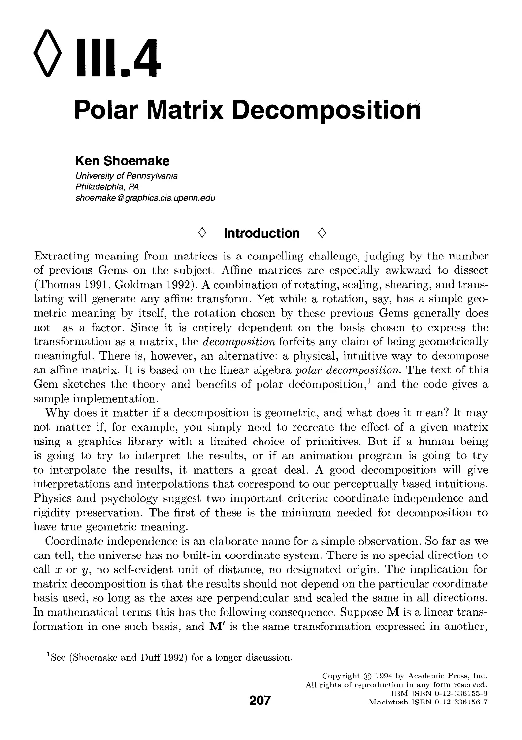 III.4. Polar Matrix Decomposition by Ken Shoemake