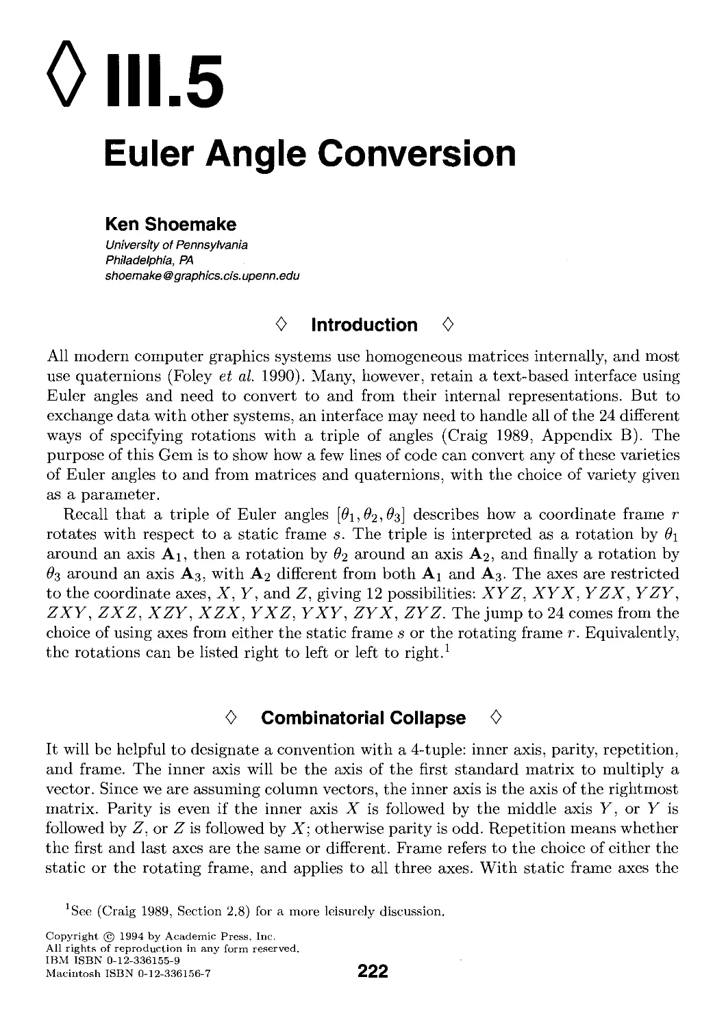 III.5. Euler Angle Conversion by Ken Shoemake