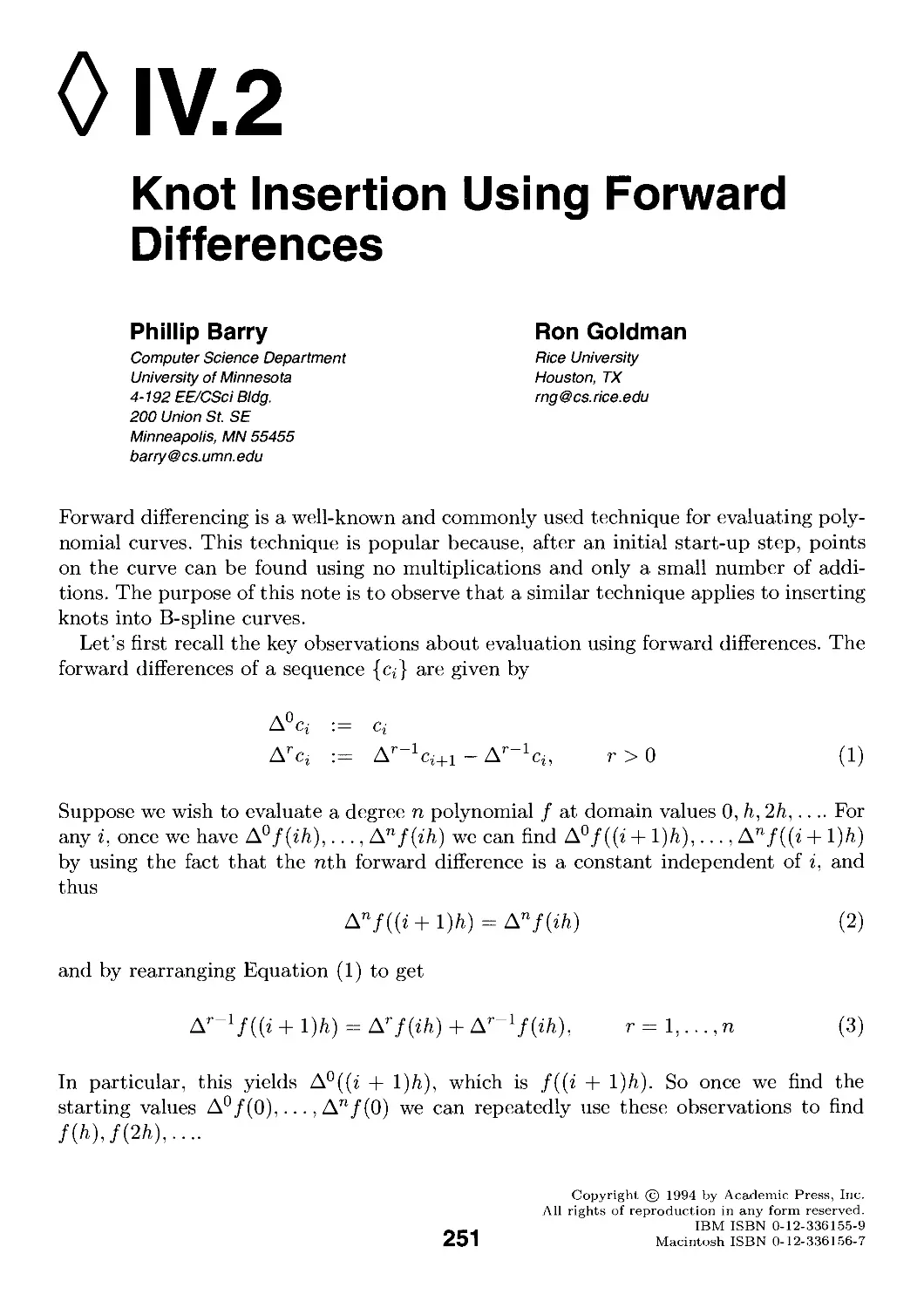 IV.2. Knot Insertion Using Forward Differences by Phillip Barry and Ron Goldman