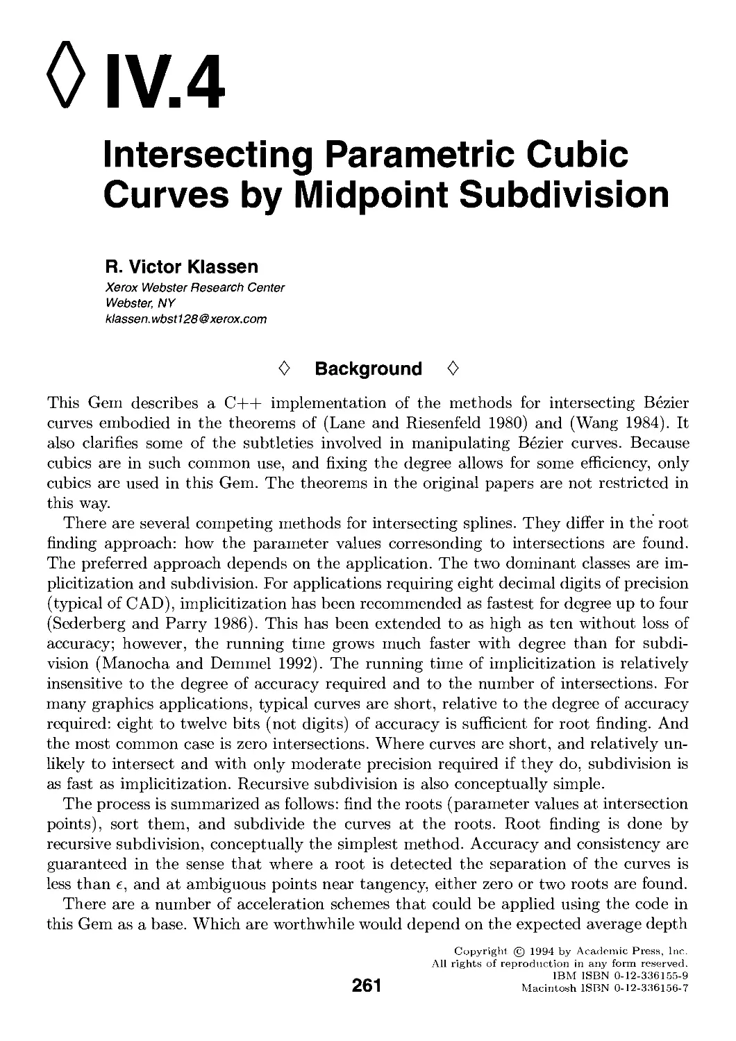 IV.4. Intersecting Parametric Cubic Curves by Midpoint Subdivision by Victor Klassen