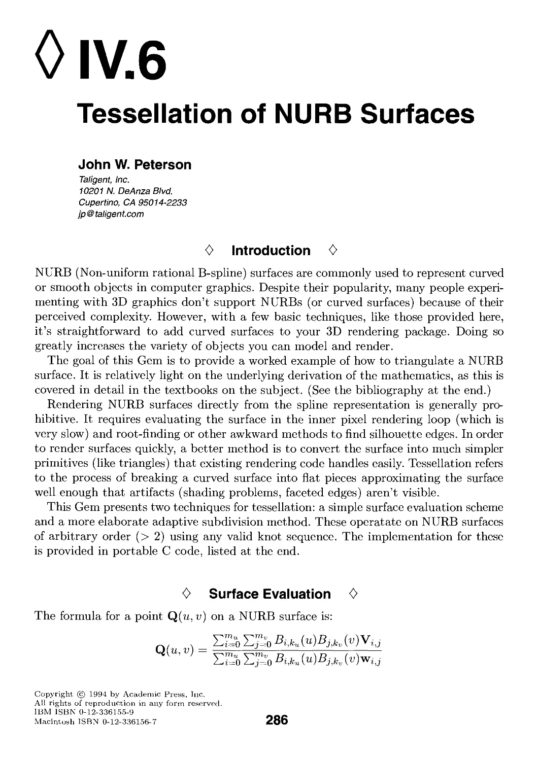 IV.6. Tessellation of NURB Surfaces by John W. Peterson