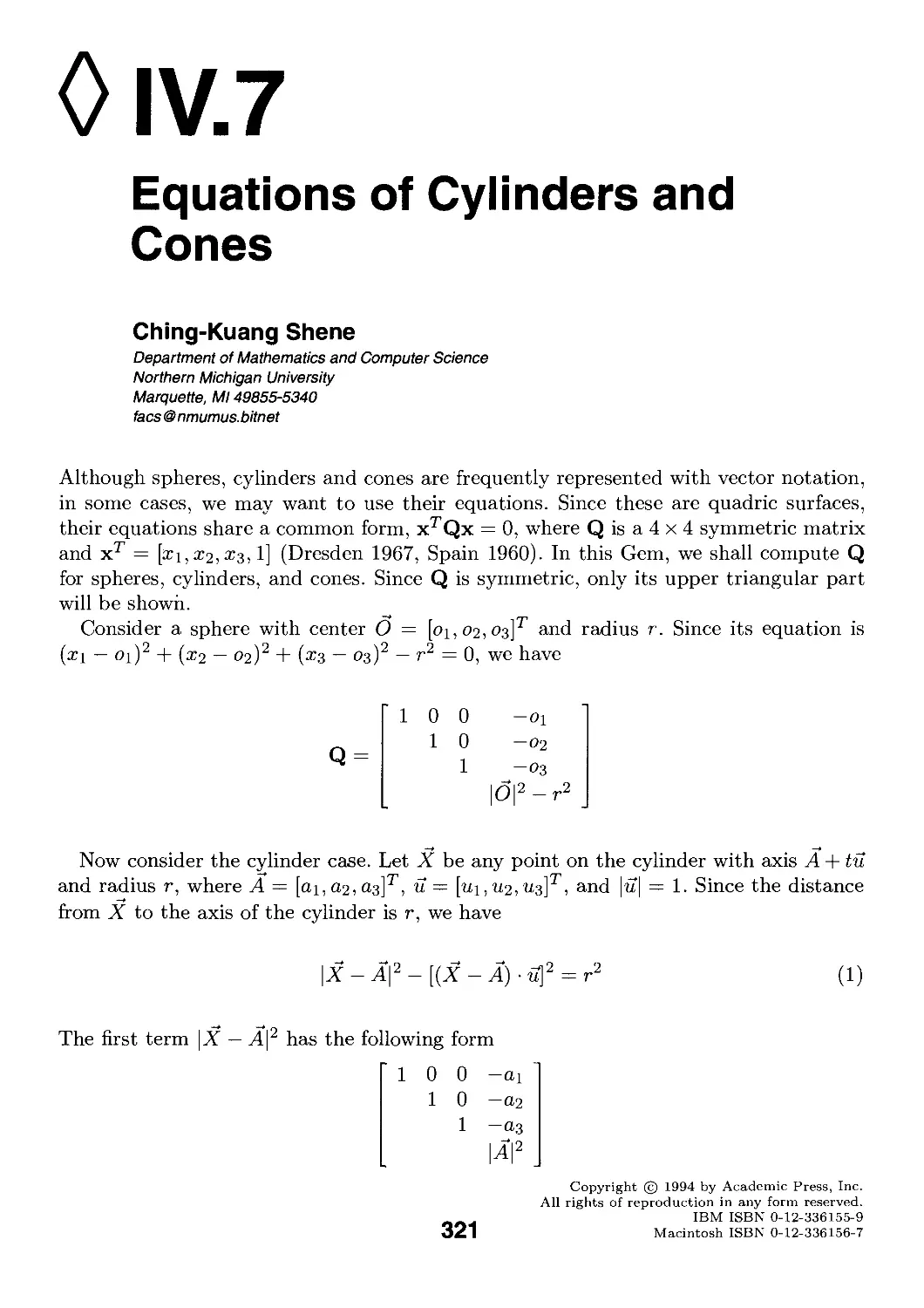 IV.7. Equations of Cylinders and Cones by Ching-Kuang Shene