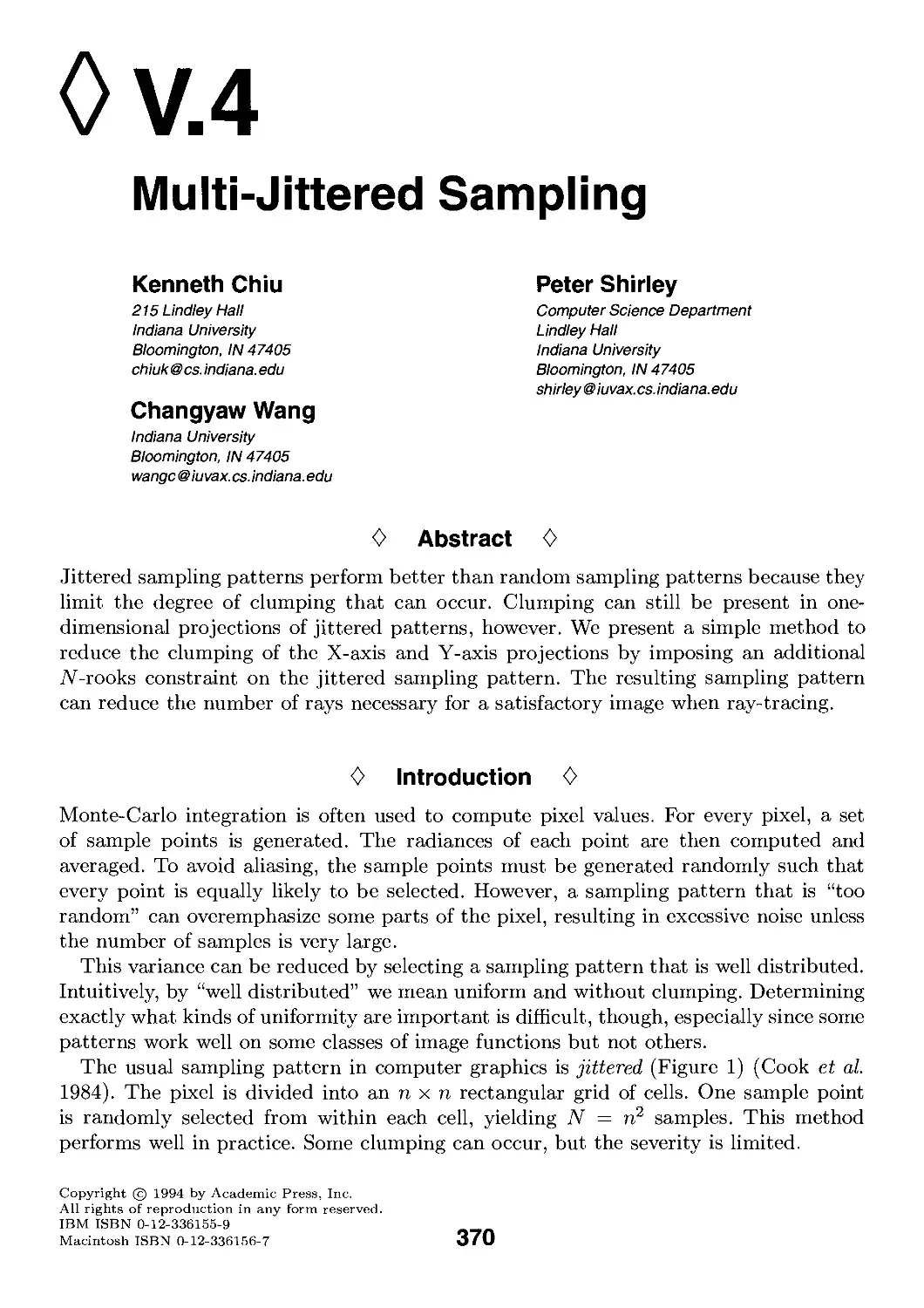 V.4. Multi-Jittered Sampling by Kenneth Chiu, Peter Shirley and  Changyaw Wang