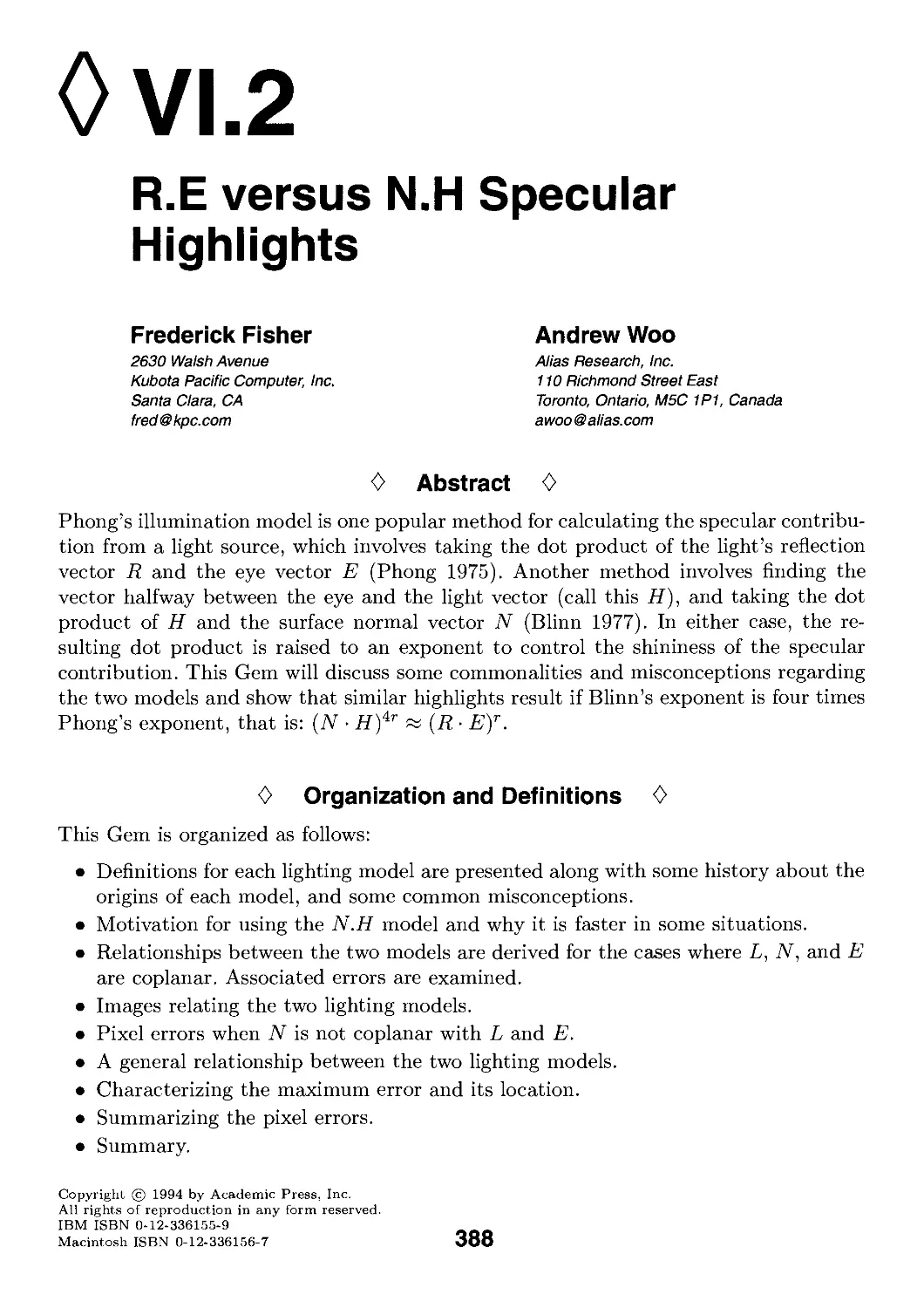 VI.2. R.E versus N.H Specular Highlights by Frederick Fisher and Andrew Woo .