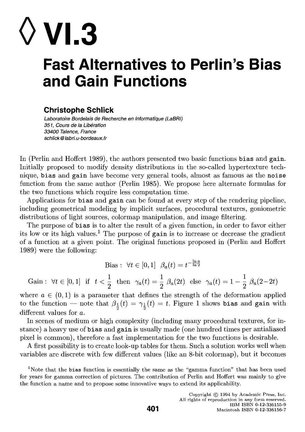 VI.3. Fast Alternatives to Perlin's Bias and Gain Functions by Christophe Schlick .