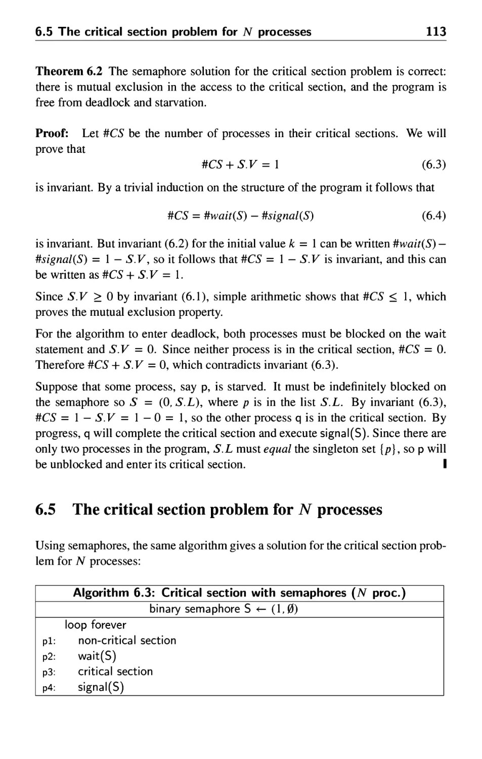 6.5 The critical section problem for N processes