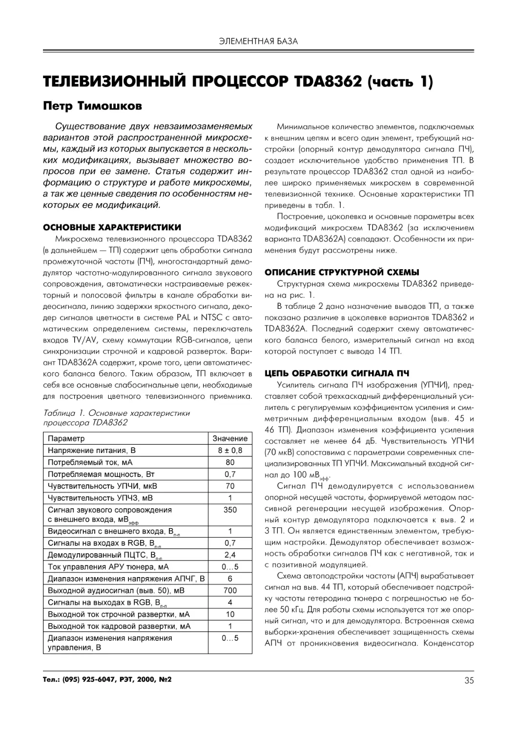 ЭЛЕМЕНТНАЯ БАЗА
П.Тимошков. Телевизионный процессор TDA8362 (часть 1)