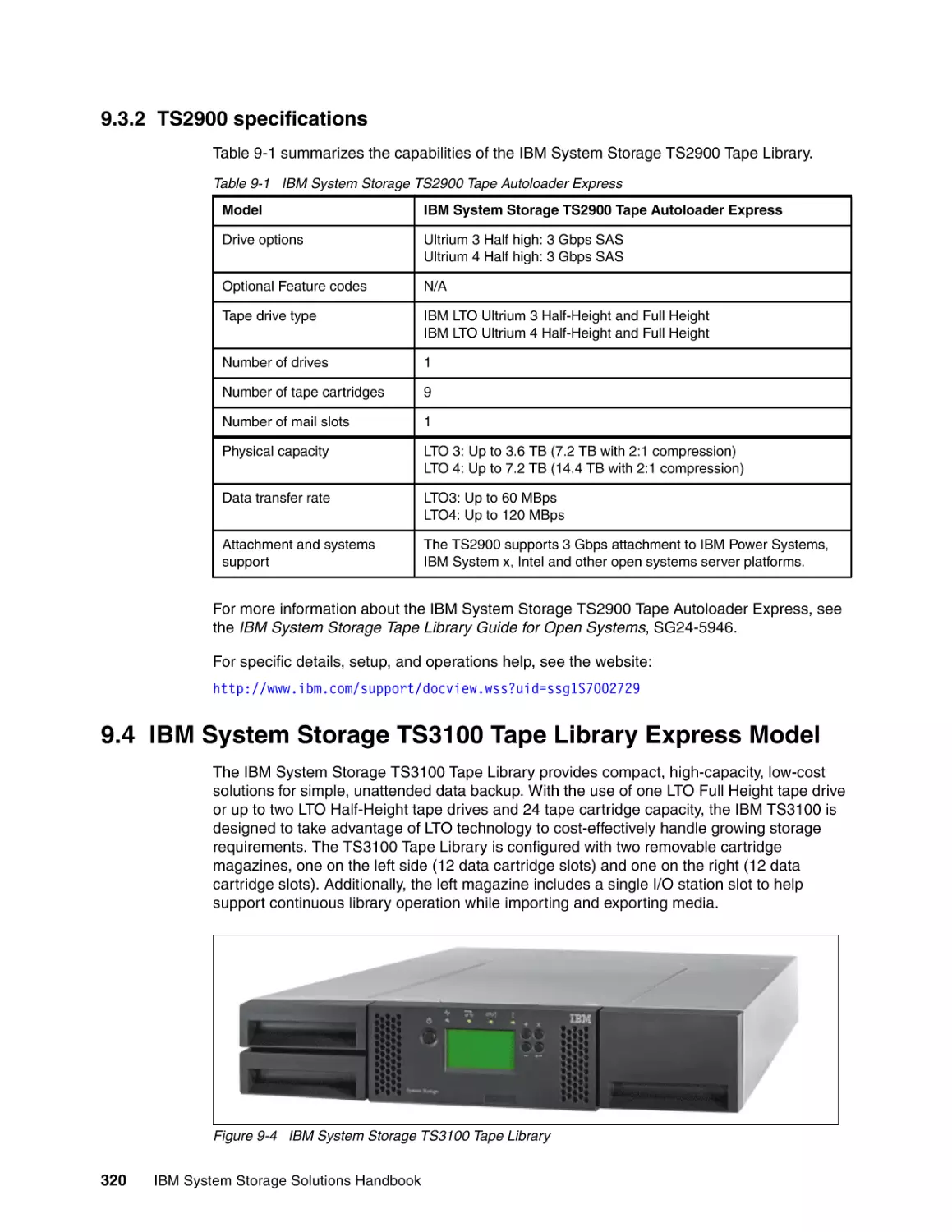 9.3.2 TS2900 specifications
9.4 IBM System Storage TS3100 Tape Library Express Model