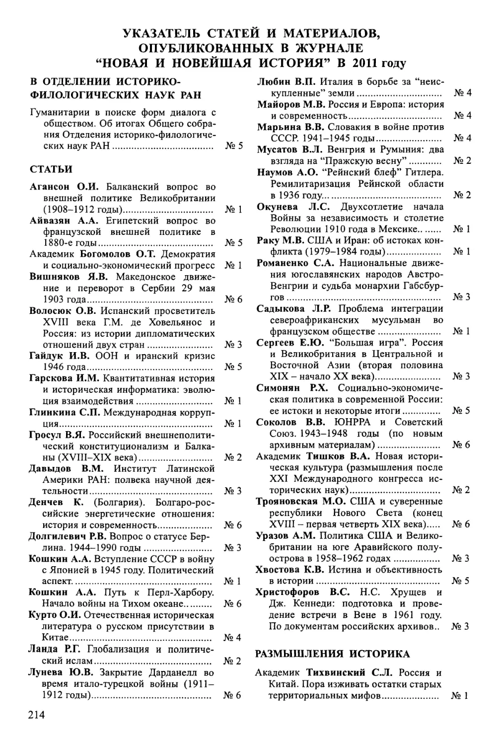 Указатель статей и материалов, опубликованных в журнале в 2011 году