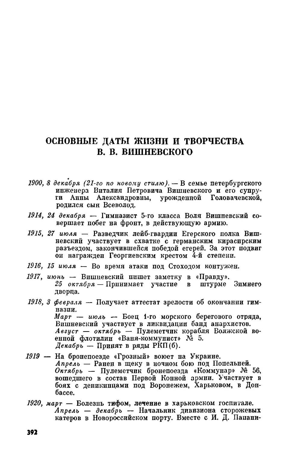 Основные даты жизни и творчества В. В. Вишневского