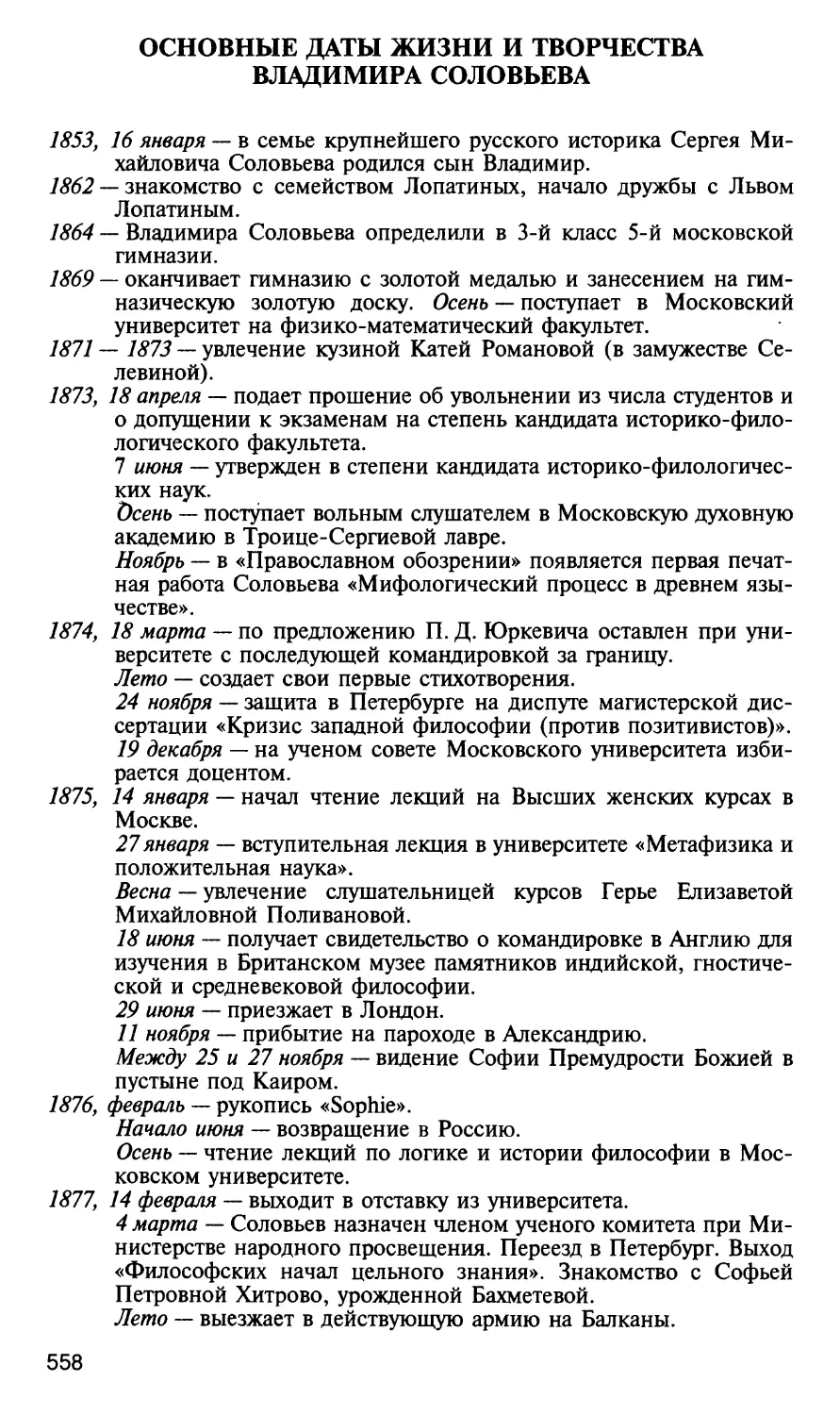 Основные даты жизни и творчества Владимира Соловьева