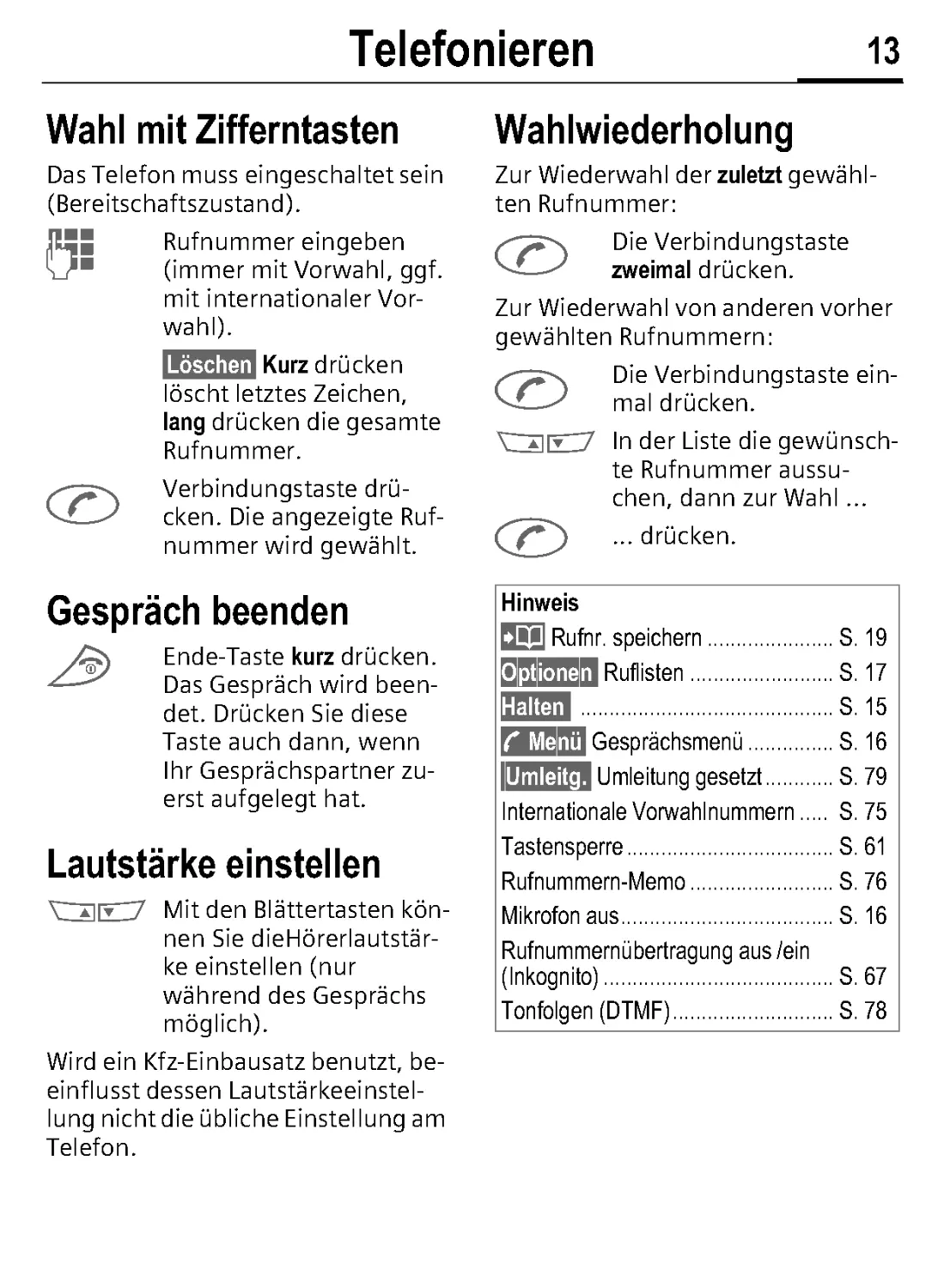 Telefonieren
Gespräch beenden
Lautstärke einstellen
Wahlwiederholung