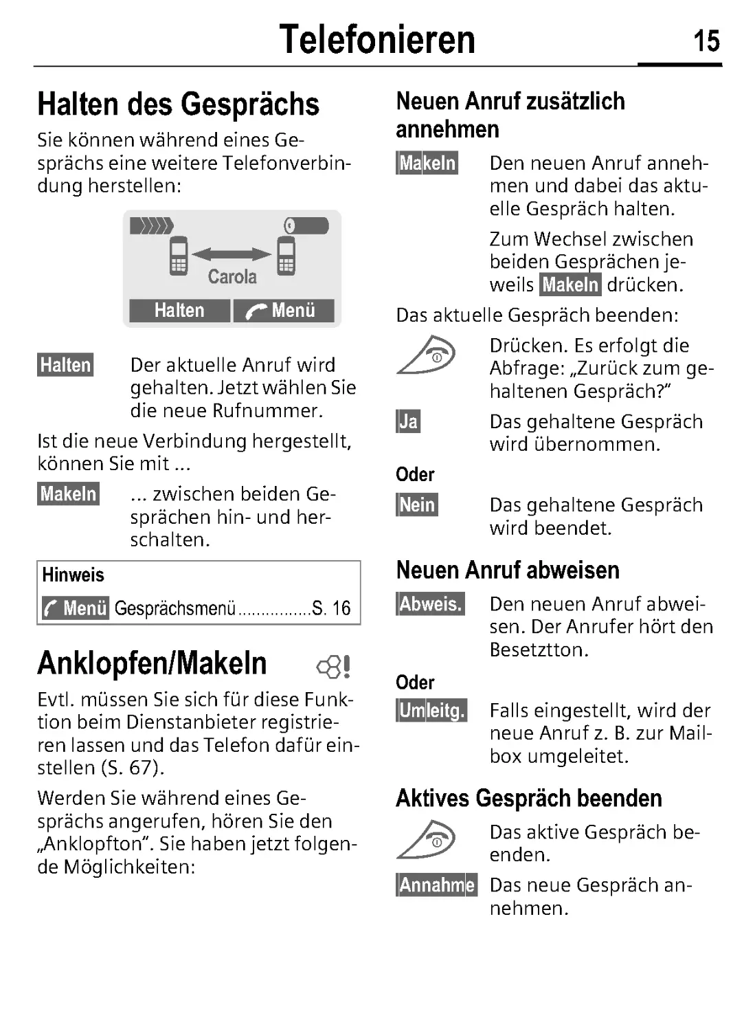 Halten des Gesprächs
Anklopfen/Makeln
Neuen Anruf zusätzlich annehmen
Aktives Gespräch beenden