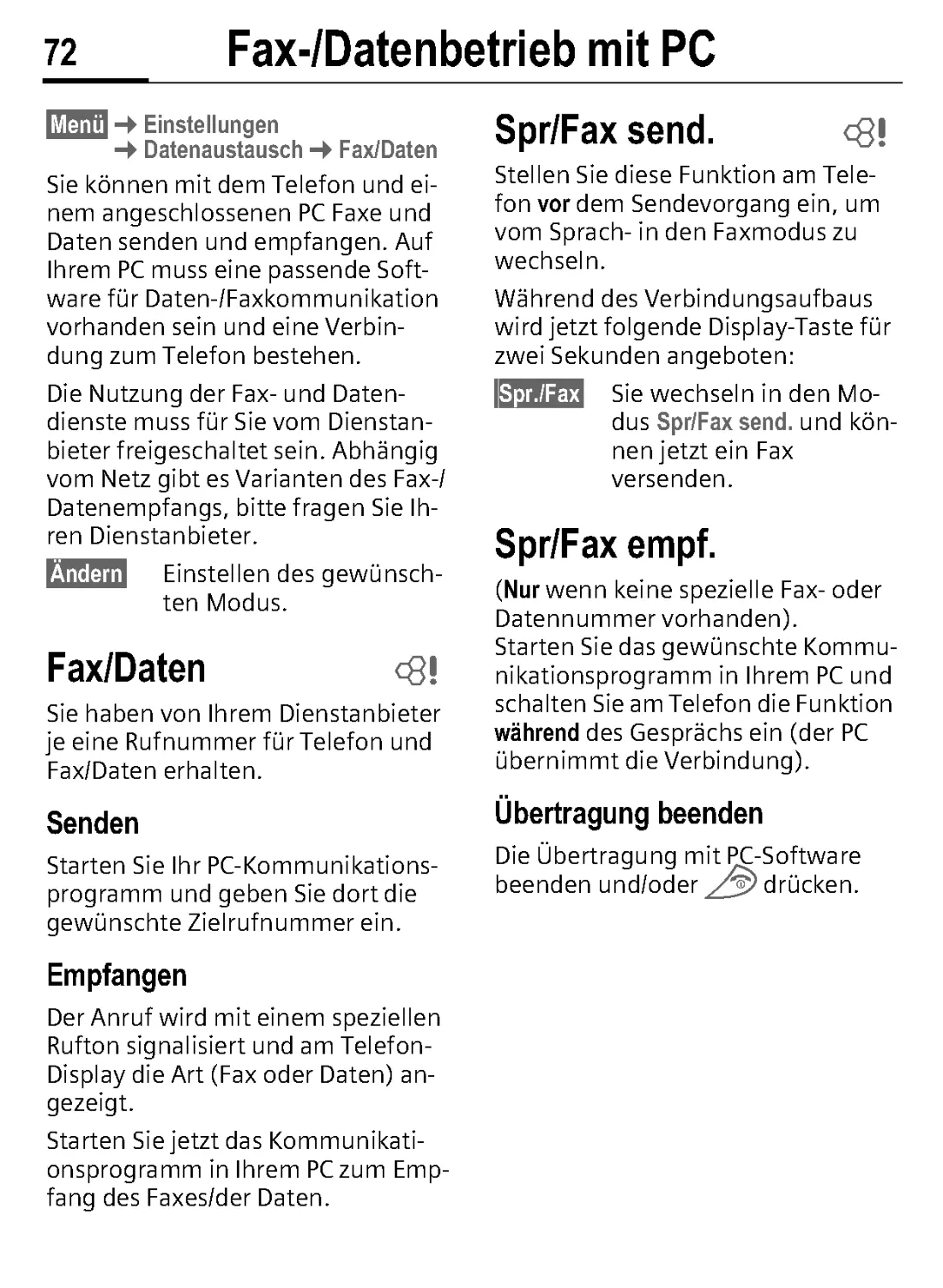 Fax-/Datenbetrieb mit PC
Senden
Empfangen
Spr/Fax send.
Übertragung beenden