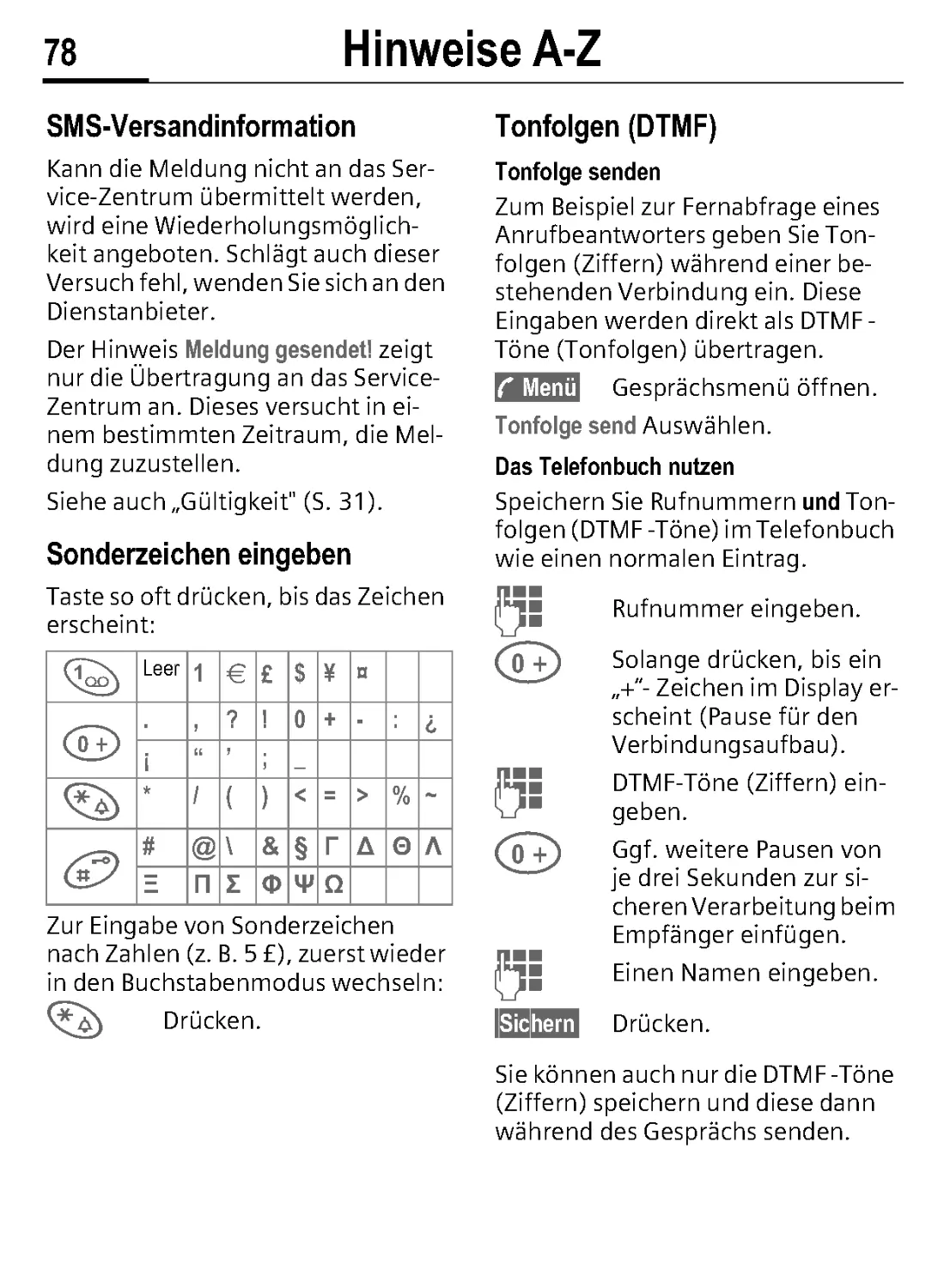 SMS-Versandinformation
Tonfolge senden
Das Telefonbuch nutzen