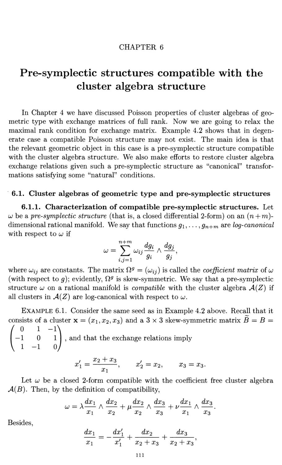 Chapter 6. Pre-symplectic structures compatible with the cluster algebra structure 125