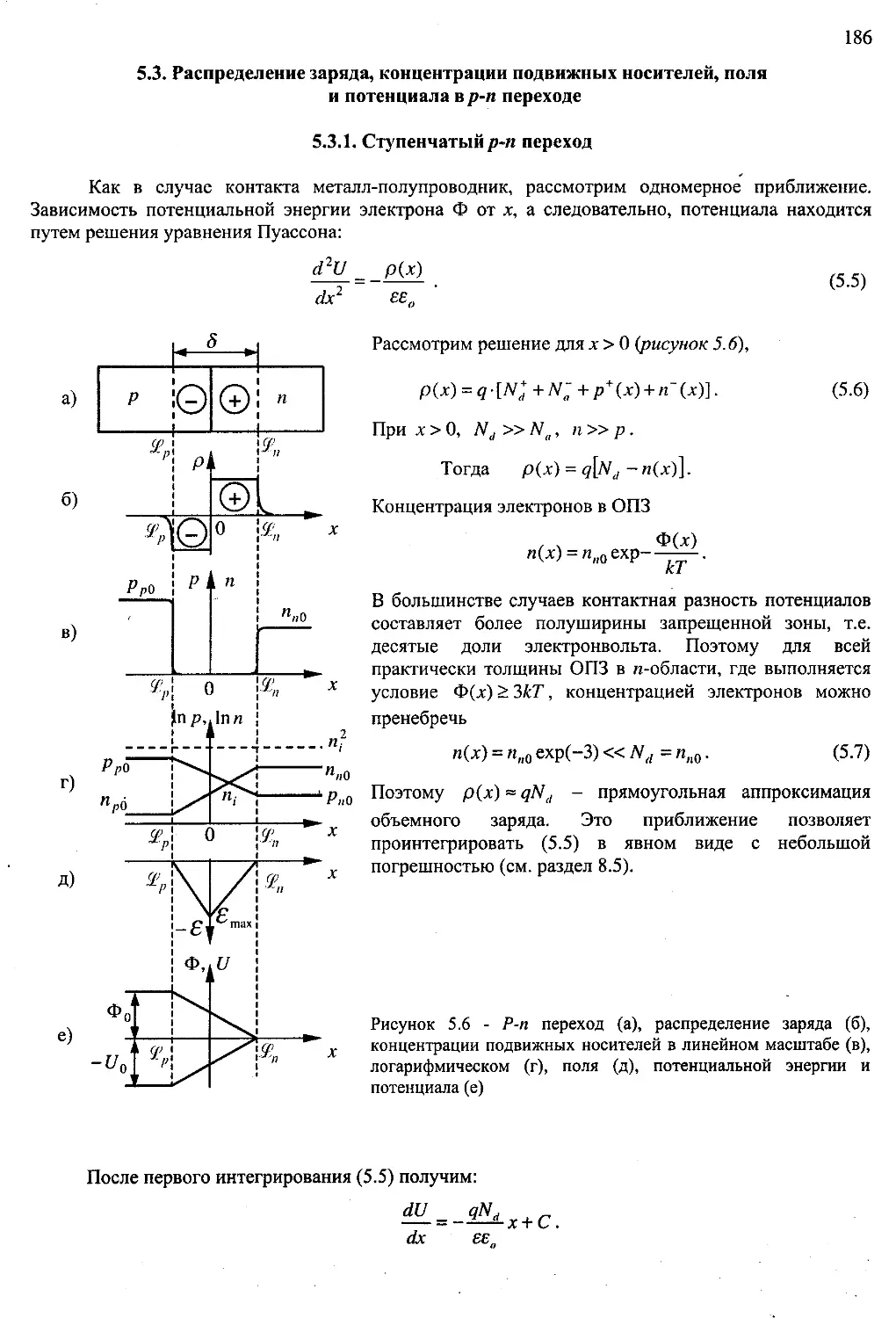 ﻿5.3. Распределение заряда, концентрации подвижных носителей, поля и потенциала в p-n переход