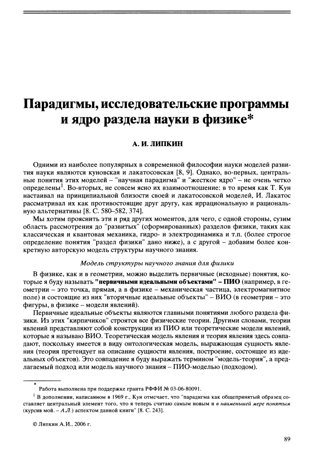 А.И. Липкин - Парадигмы, исследовательские программы и ядро раздела науки в физике