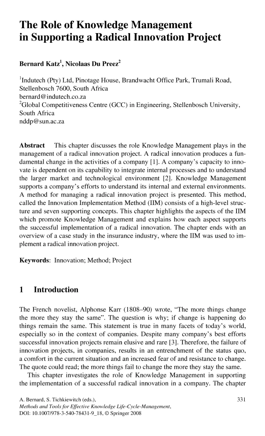 The Role of Knowledge Management in Supporting a Radical Innovation Project