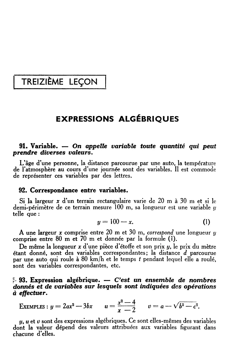 XIIIe leçon. — Expressions algébriques — Monômes