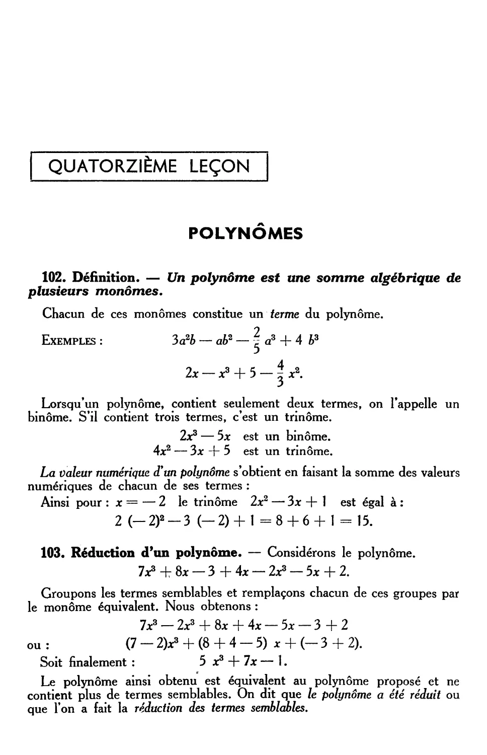 XIVe leçon. — Polynômes