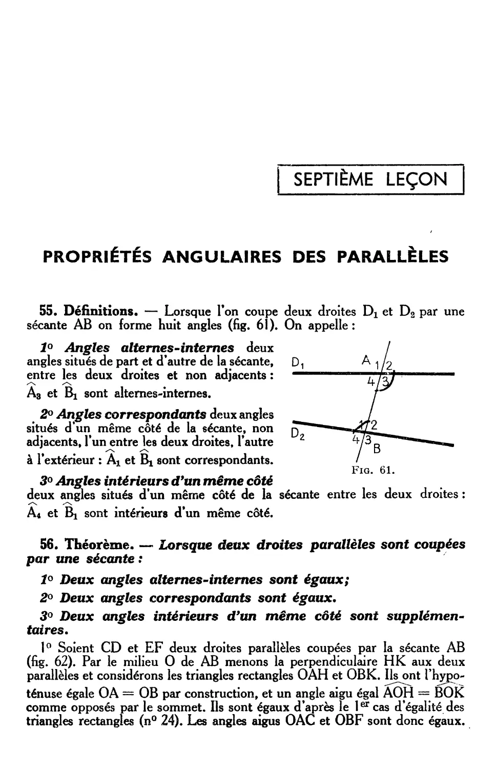 VIIe leçon. — Propriétés angulaires des parallèles