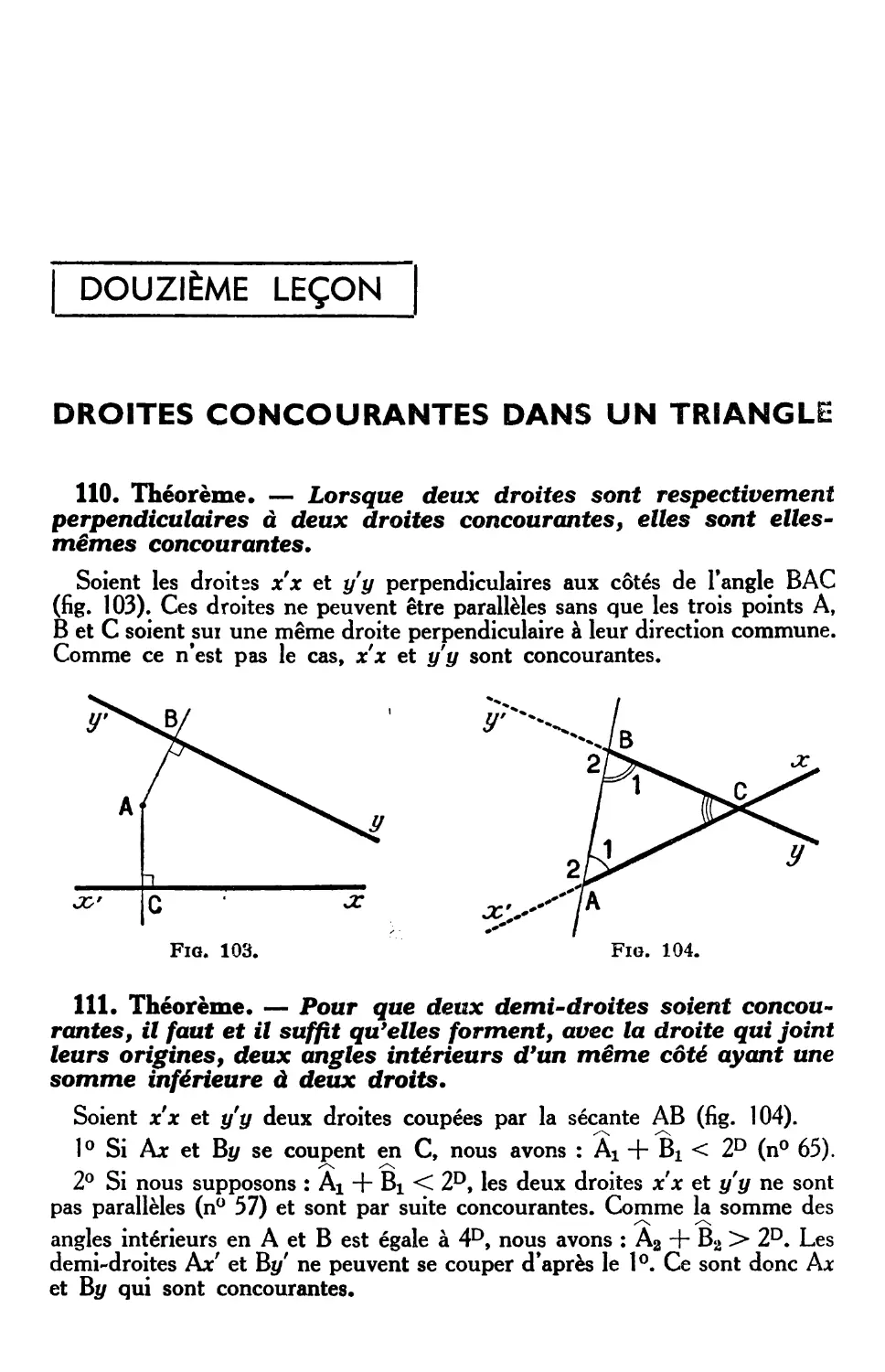 XIIe leçon. — Droites concourantes dans un triangle