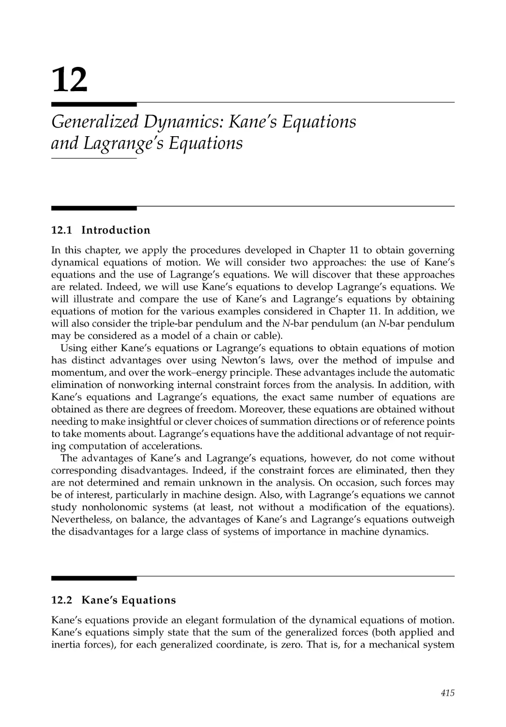 12.  Generalized Dynamics: Kane&#8217;s Equations and Lagrange&#8217;s Equations