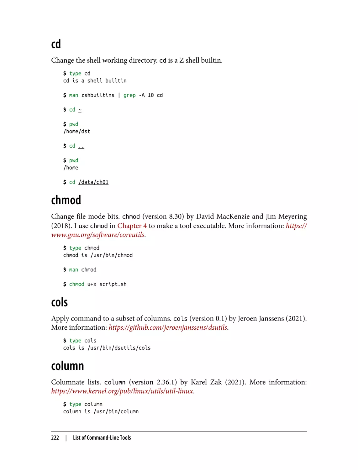 cd
chmod
cols
column