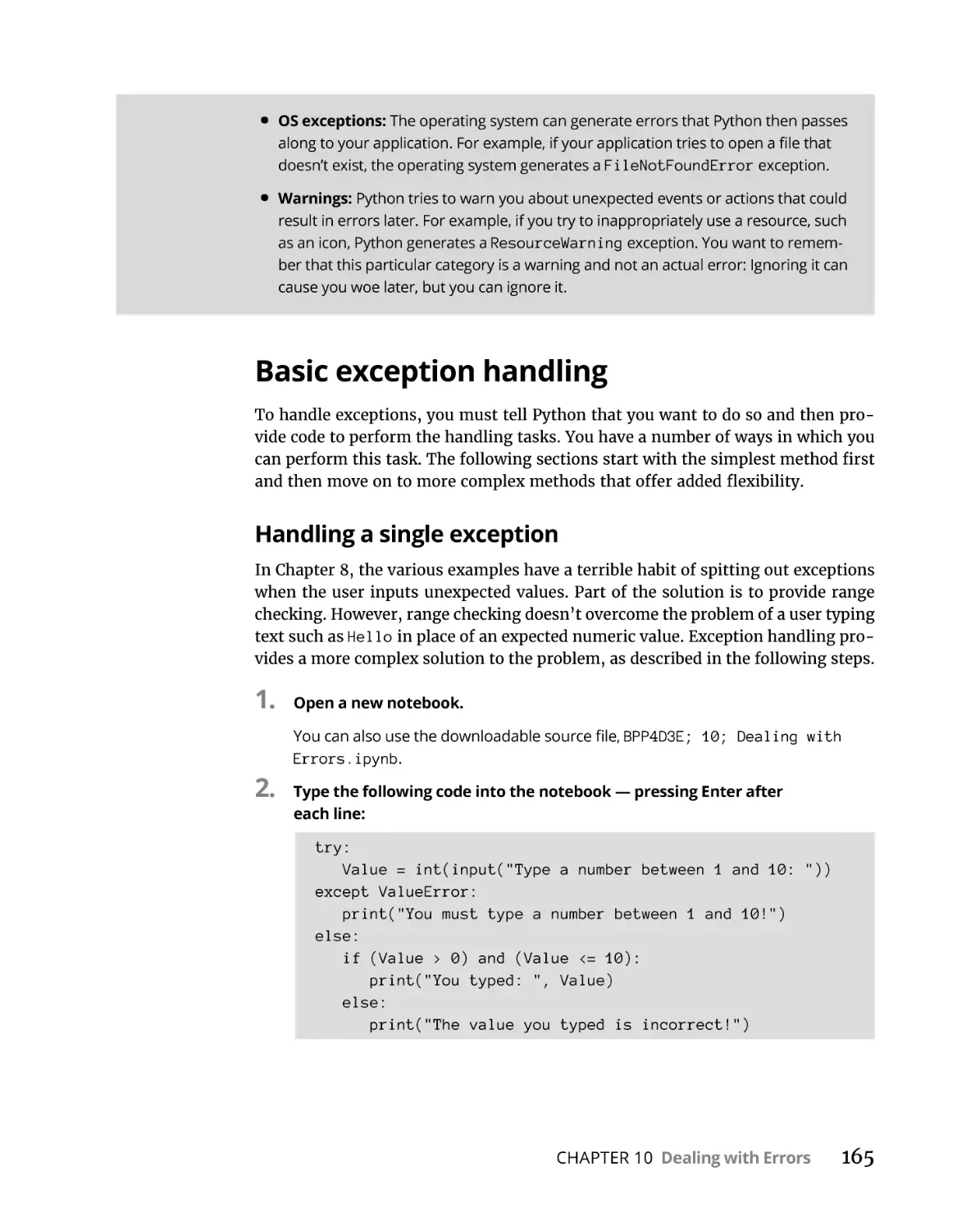Basic exception handling
Handling a single exception