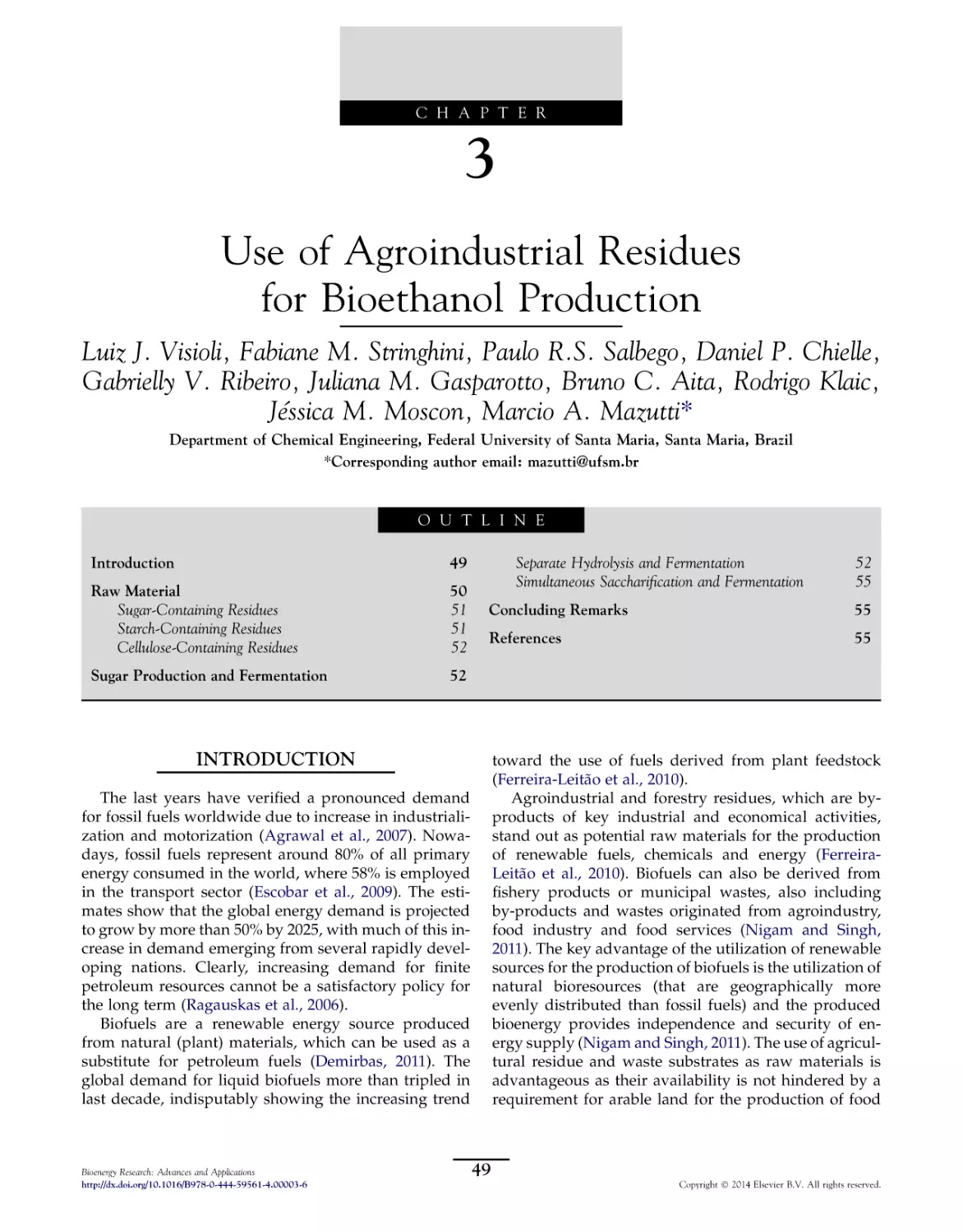 3. Use of Agroindustrial Residues for Bioethanol Production
Introduction