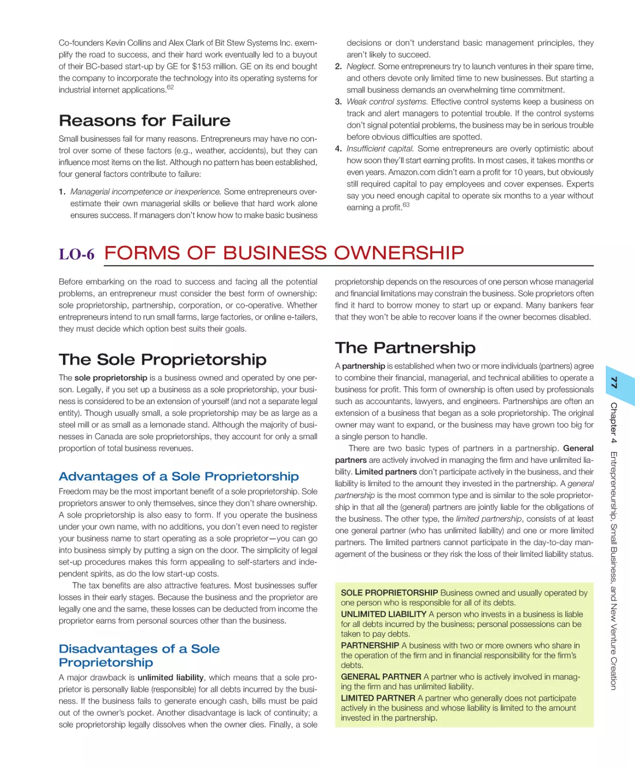 Reasons for Failure
LO‐6 Forms of Business Ownership
The Partnership