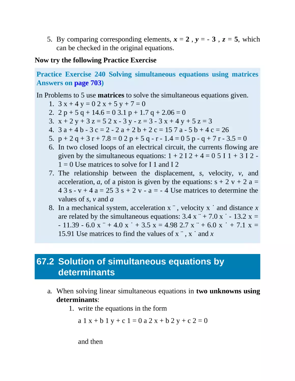 67.2 Solution of simultaneous equations by determinants