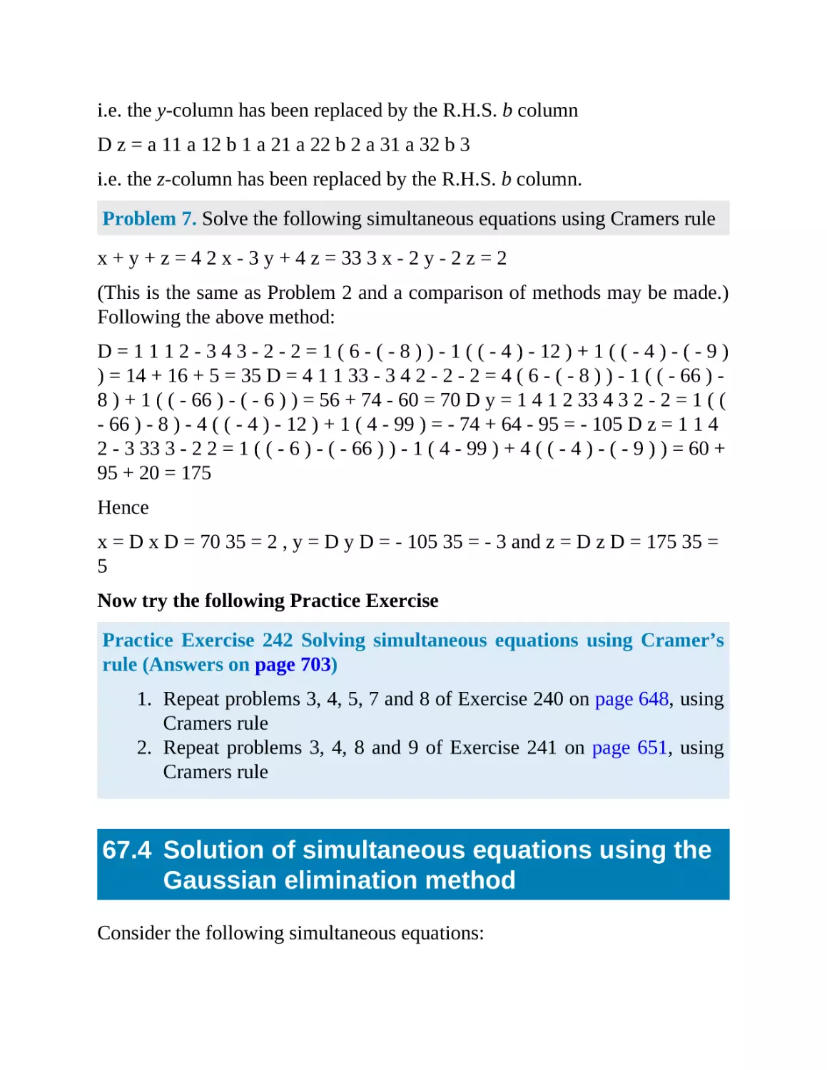67.4 Solution of simultaneous equations using the Gaussian elimination method