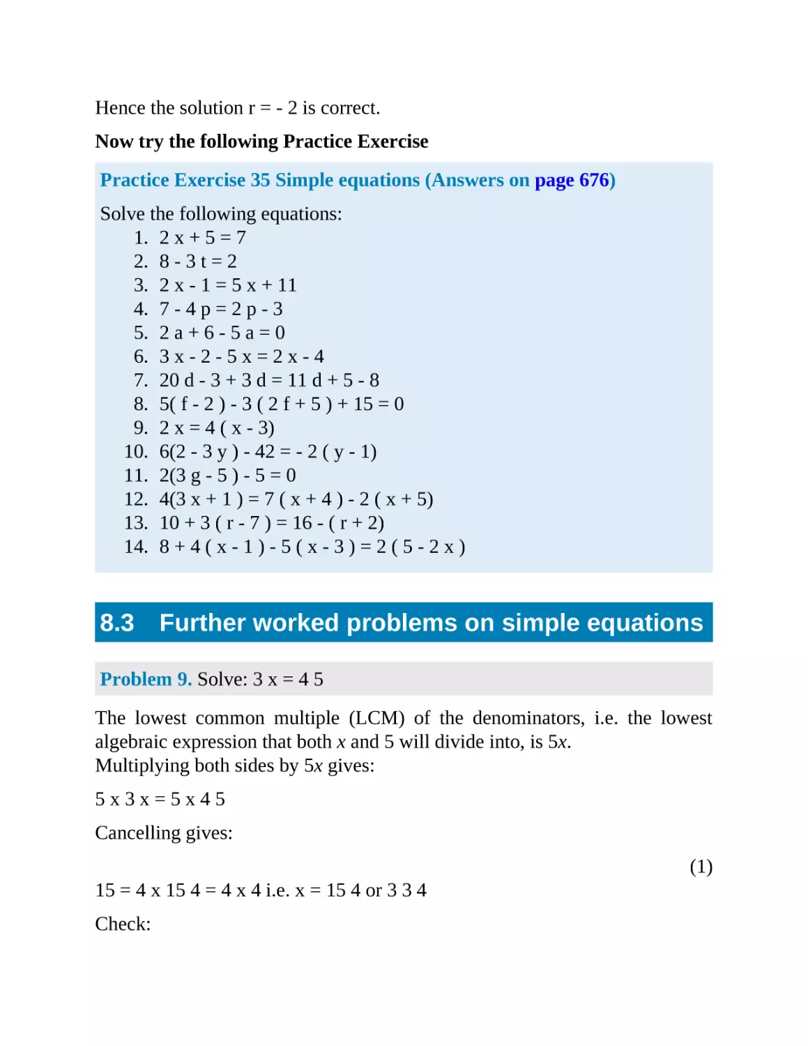 8.3 Further worked problems on simple equations