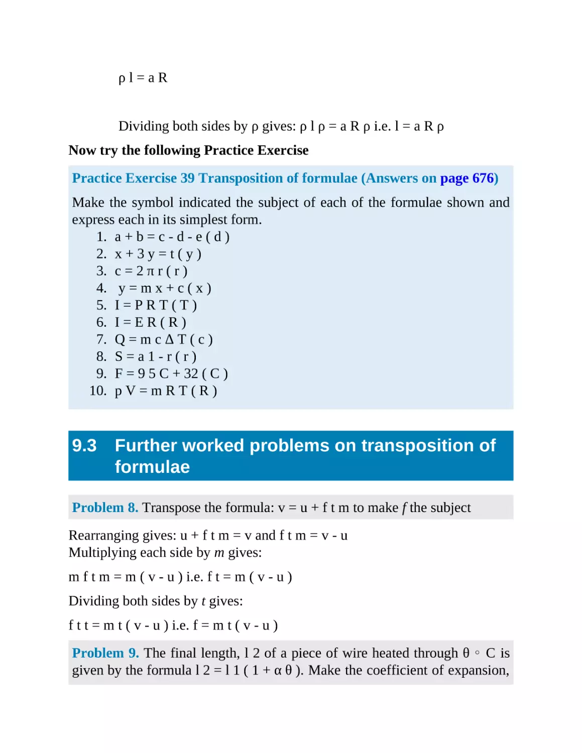 9.3 Further worked problems on transposition of formulae