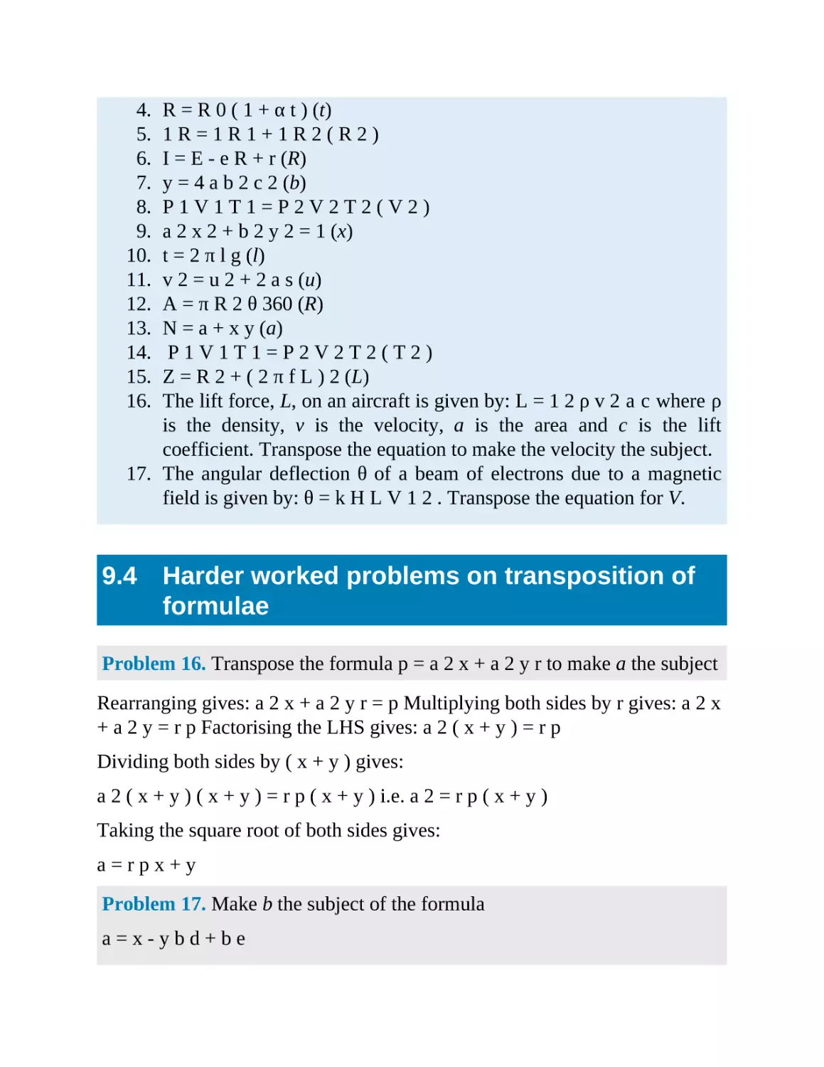 9.4 Harder worked problems on transposition of formulae