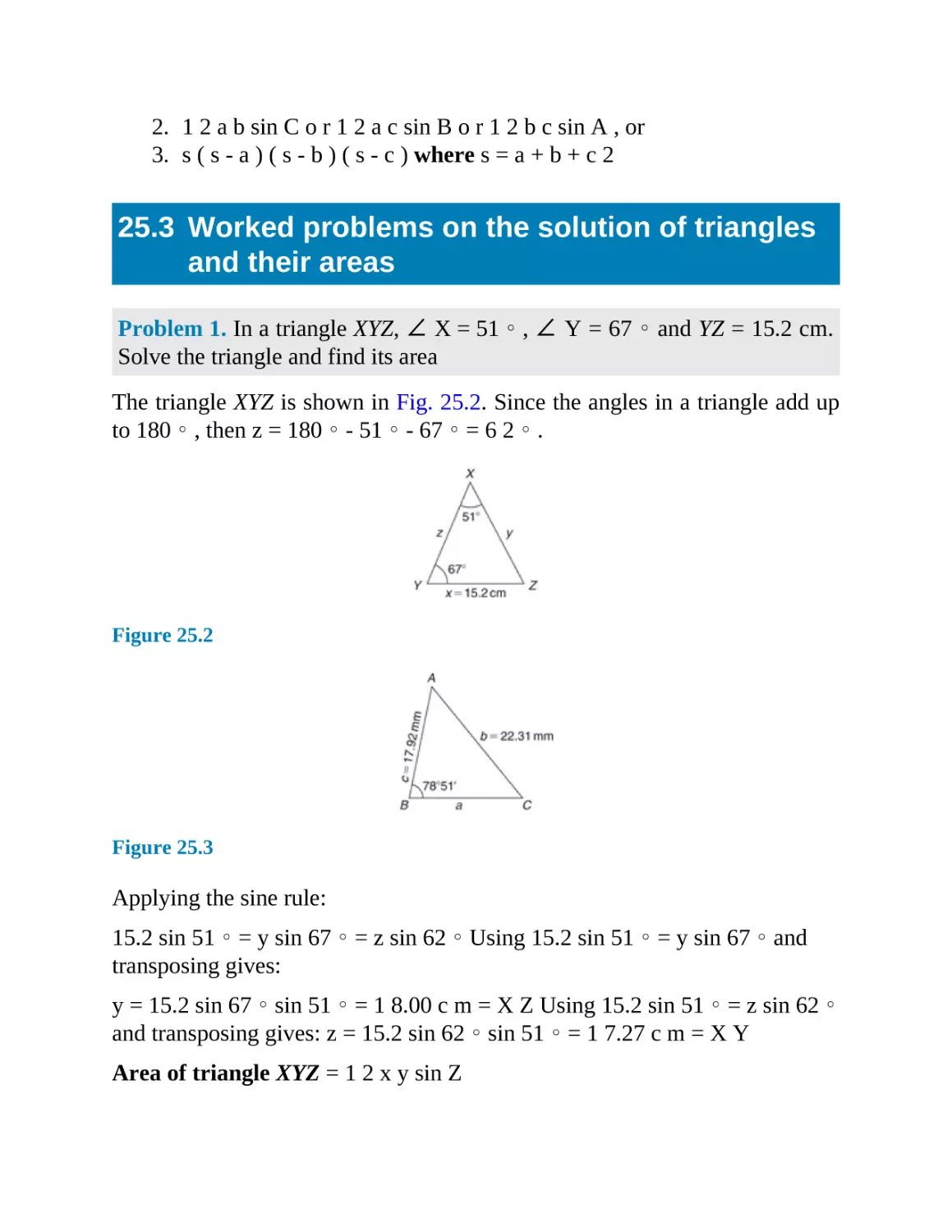 25.3 Worked problems on the solution of triangles and their areas