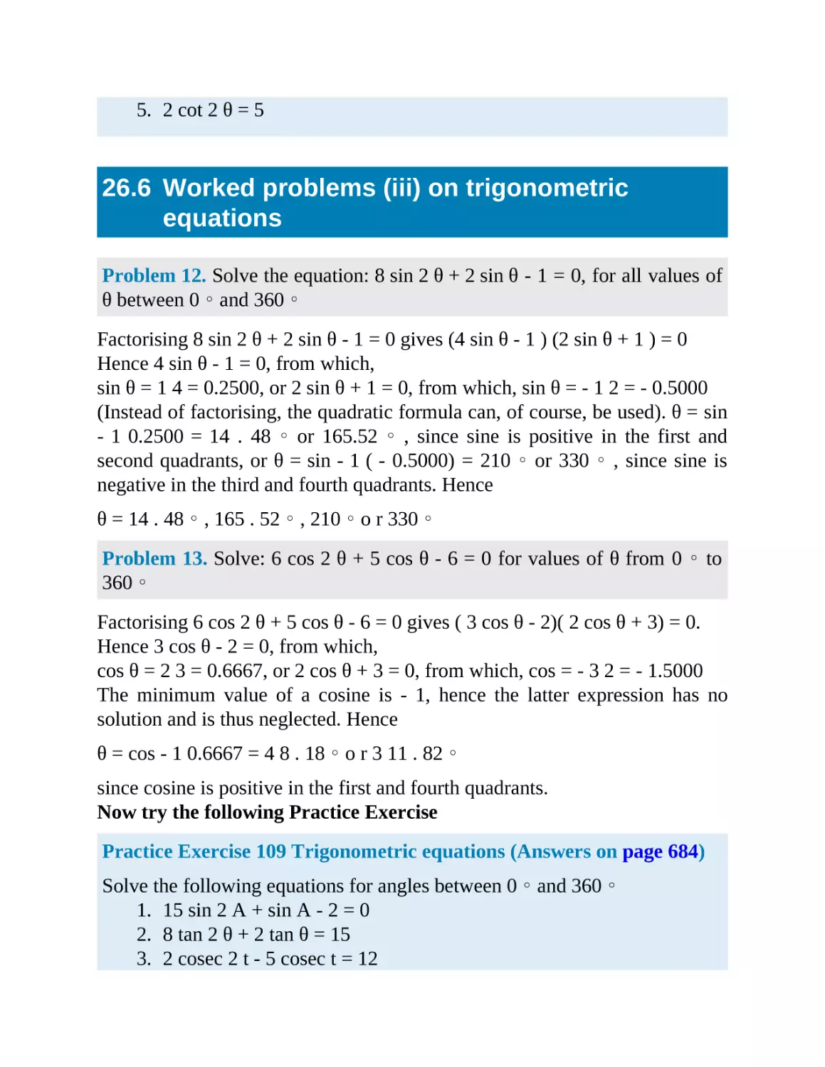 26.6 Worked problems (iii) on trigonometric equations