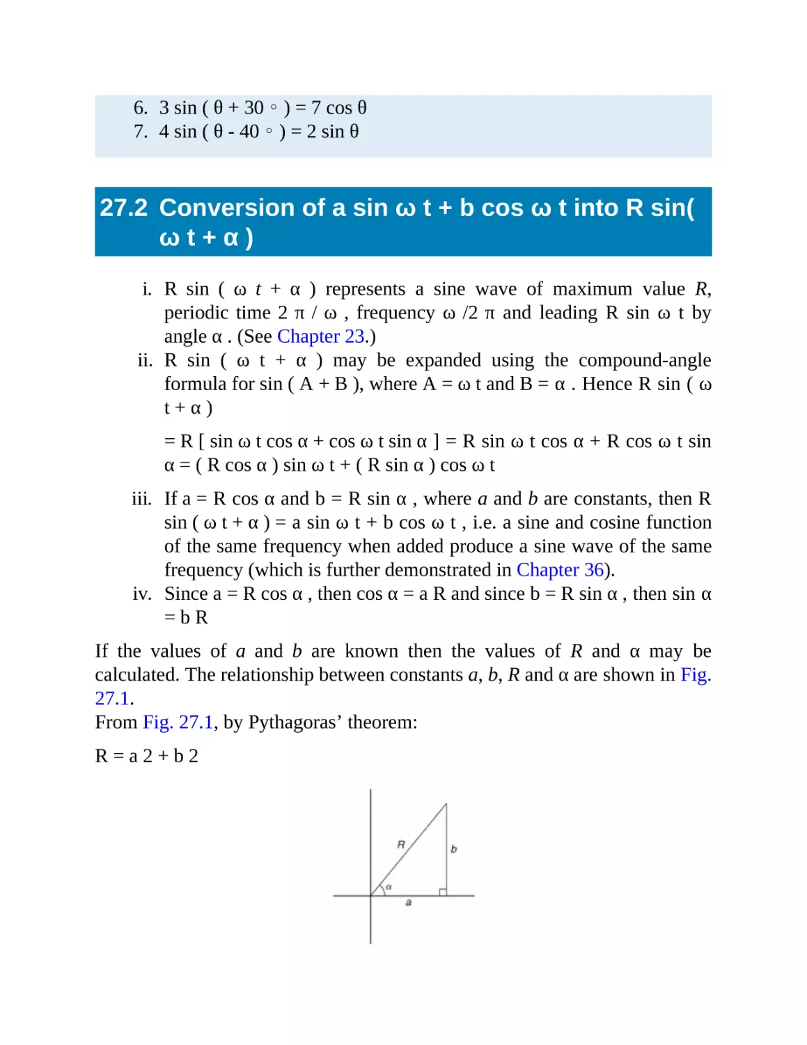 27.2 Conversion of a sin t b cos t into R sin( t )