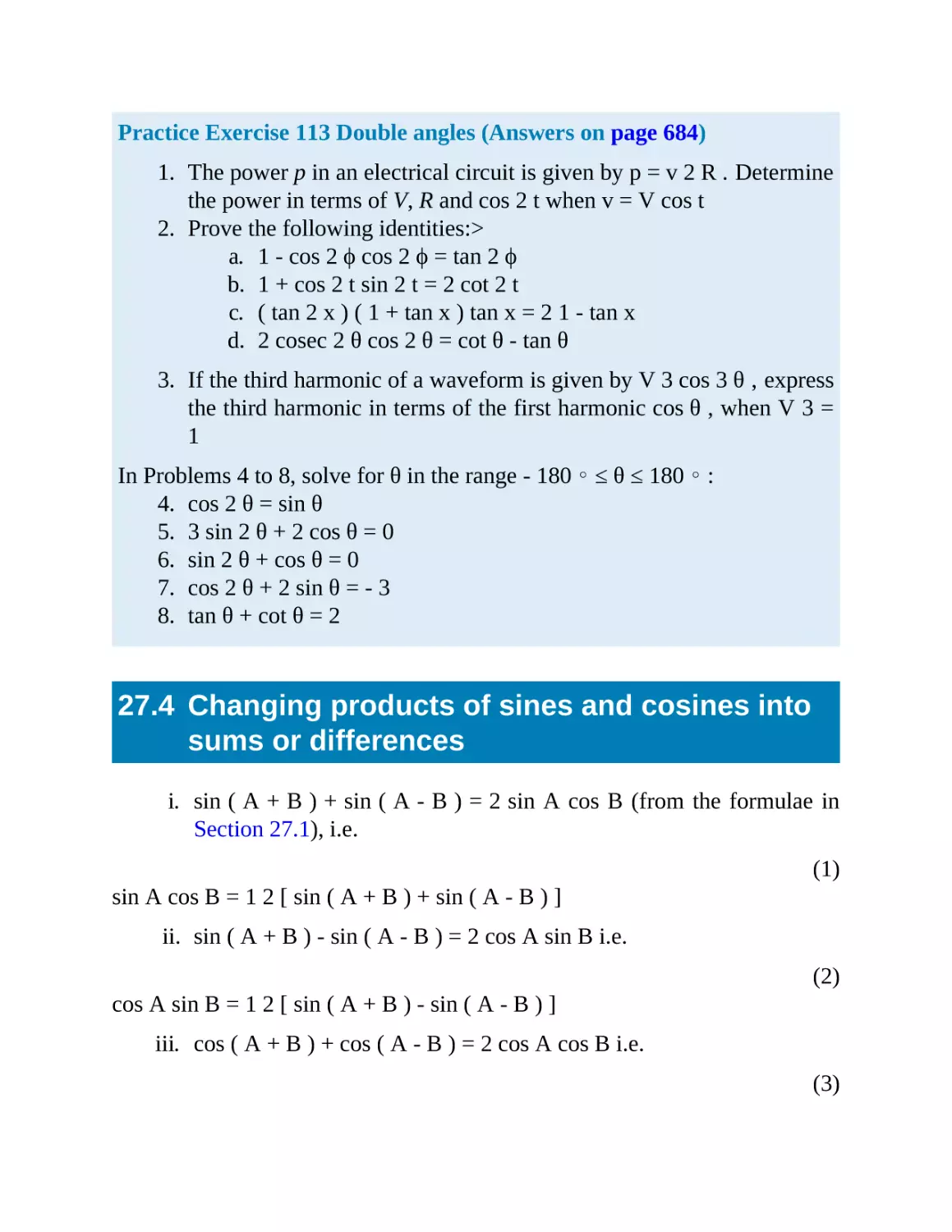 27.4 Changing products of sines and cosines into sums or differences