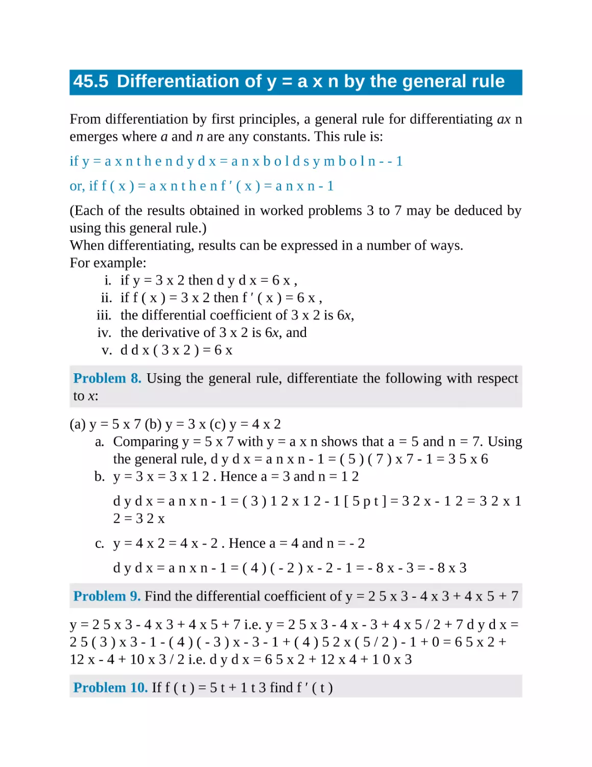 45.5 Differentiation of by the general rule
