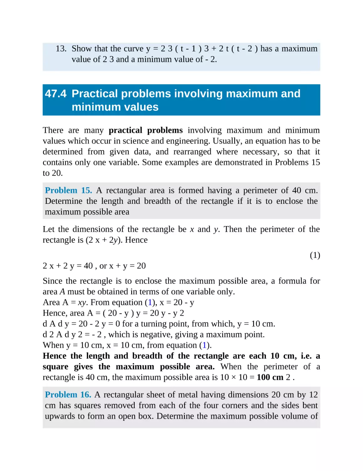 47.4 Practical problems involving maximum and minimum values