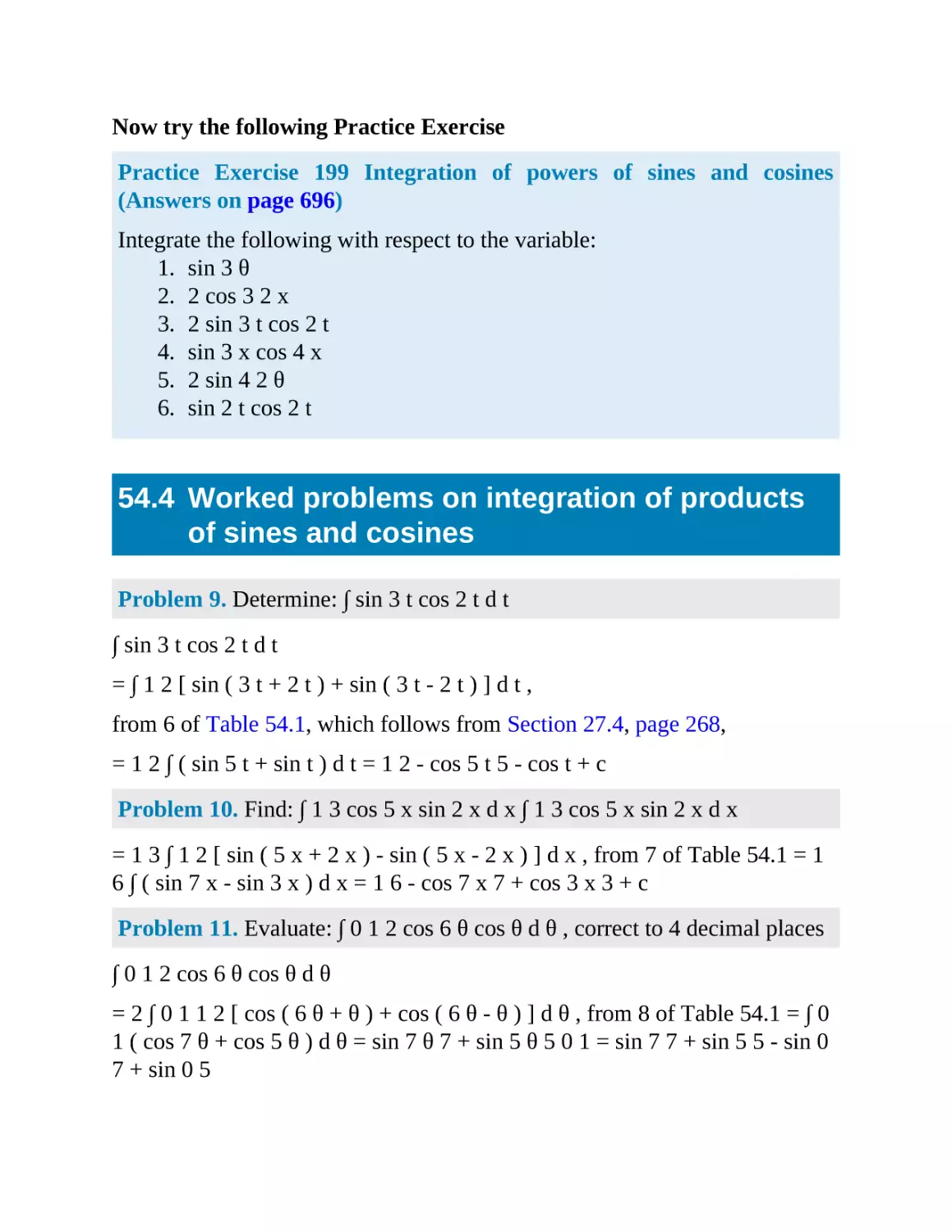 54.4 Worked problems on integration of products of sines and cosines