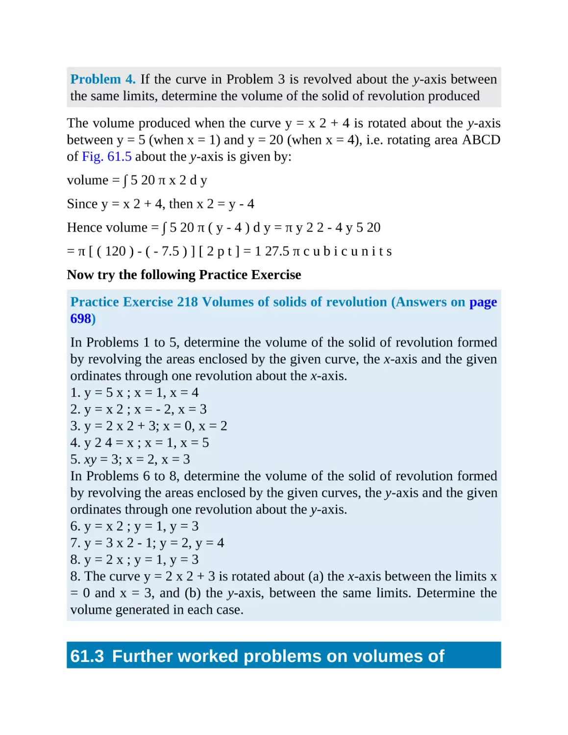 61.3 Further worked problems on volumes of solids of revolution