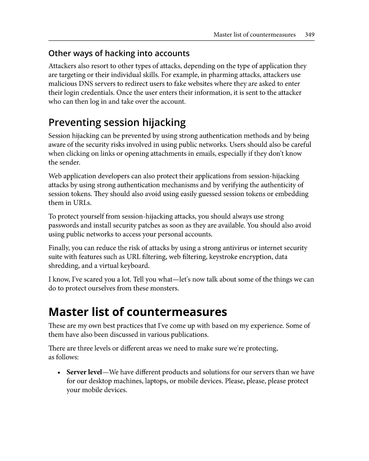 Preventing session hijacking
Master list of countermeasures