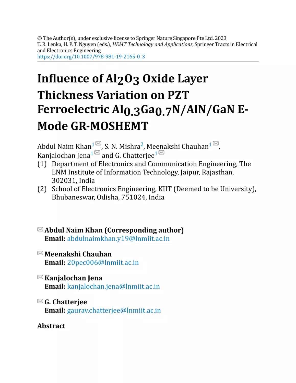 Influence of Al2O3 Oxide Layer Thickness Variation on PZT Ferroelectric Al0.3Ga0.7N/AlN/GaN E-Mode GR-MOSHEMT