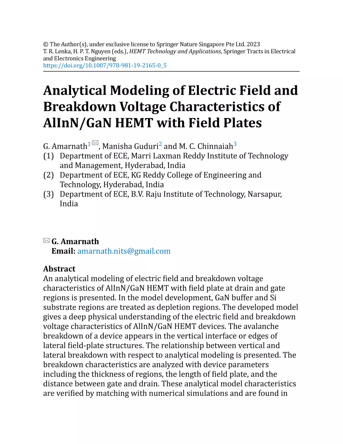 Analytical Modeling of Electric Field and Breakdown Voltage Characteristics of AlInN/GaN HEMT with Field Plates