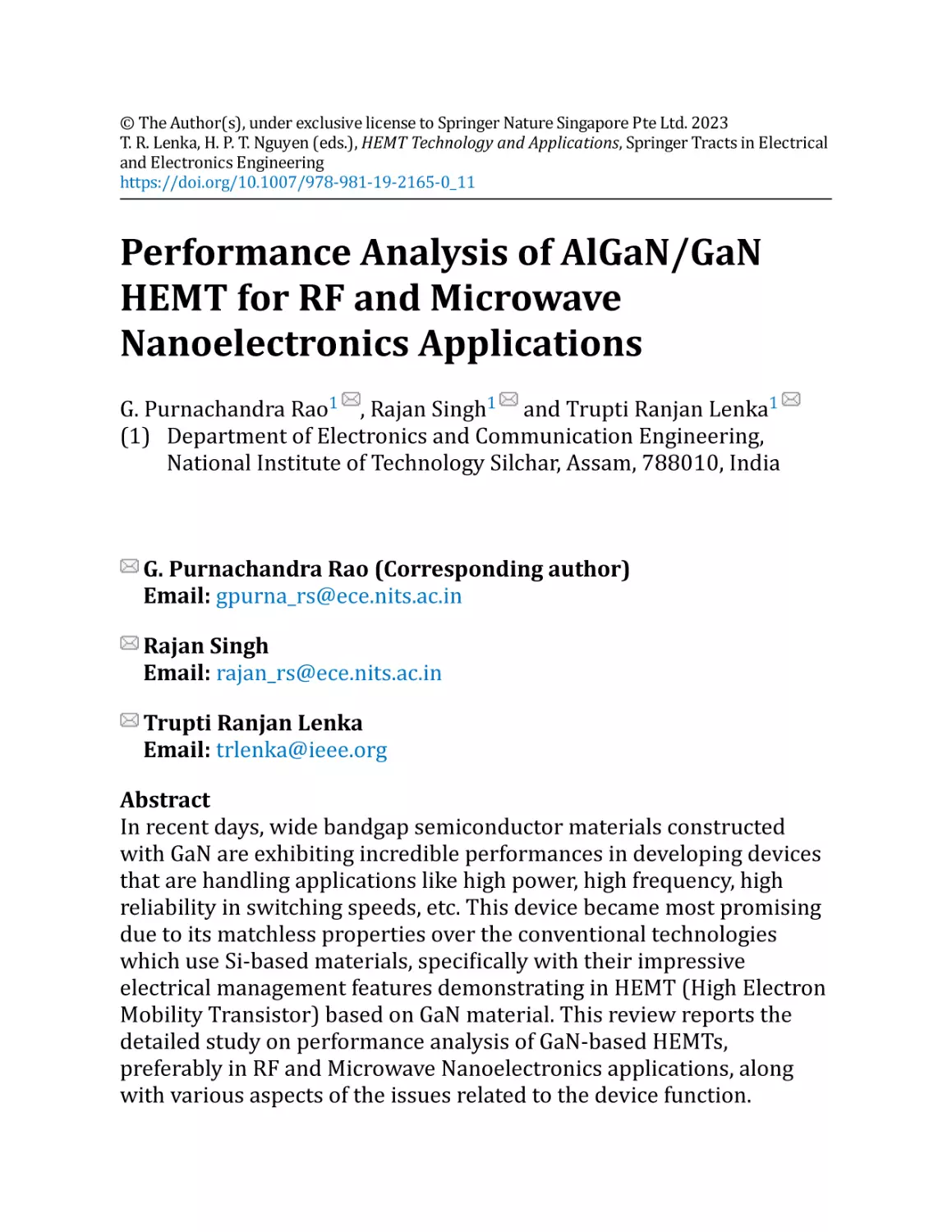 Performance Analysis of AlGaN/GaN HEMT for RF and Microwave Nanoelectronics Applications